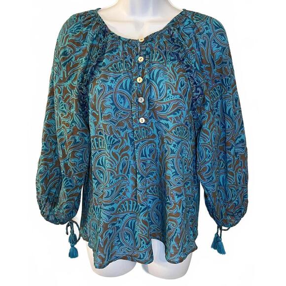 Cleobella Tops - Cleobella-Blue Paisley Boho Henley Blouse, Small